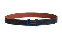 HERMES Cut-Out Design Leather Belts Men's Blue/Brown Width: 3.2CM