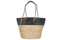 CELINE Raffia With Calfskin Basket Bag Handbag Shoulder Bag Women's Black & Natural