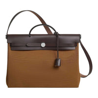 HERMES Herbag Canvas With Hunter Cow Leather Handbag Women's Chestnut Walnut Wood Color