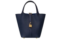 HERMES Clemence Bullock Leather Bucket Bags Handbags Women's Blue