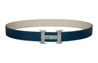 HERMES Letter Etched Silver Buckle Togo Calfskin Double-Sided Leather Belt Women's Blue Width: 3.2cm