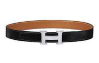HERMES H Stripes Silver Buckle Togo Calfskin Double Sided Leather Belt Unisex Black/Silver Width 3.2cm