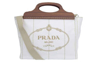 PRADA Canvas With Wood One Shoulder Canvas Bag Handbag Women's White