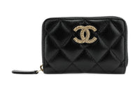 CHANEL 23P SS Grain Embossed Cow Leather Coin Purses Card Holders Regular Women's Black