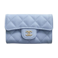 CHANEL Grain Calfskin Card Holder Women's Light Blue