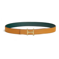HERMES Calfskin Gold-Plated Leather Belts Women's Green/Brown Width 2.4CM