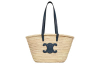 CELINE Triomphe Palm Leaf Cow Leather Patchwork Trim Basket Bag One Shoulder Handbag Medium Size Women's Marine Blue