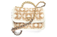 CHANEL 19Bag Embroidered Suede Lambskin Plush Crossbody Bag Women's Camel White