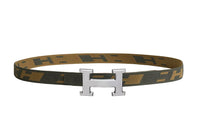 HERMES Comfortable Silver Buckle Nylon Mesh Double-Sided Belt Men's Gray Green/Dark Green Brown Width 32mm