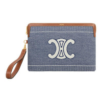 CELINE Triomphe Fabric Clutch Small Size Women's Blue & Beige
