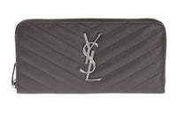 SAINT LAURENT YSL Monogram Quilting Leather Long Zip Closure Wallet Clutch Women's Gray