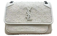 SAINT LAURENT Niki Blend Tweed Patchwork Smooth Leather Hobo Bag Portable Crossbody Bag Shoulder Bag Women's White
