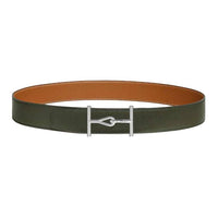 HERMES Calfskin Leather Belts Men's Gray Green/Gold Width: 3.8CM