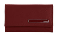PRADA Saffiano Leather Patchwork With Cow Leather Wallet Key Pouch Women's Burgundy