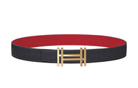 HERMES Double H Interlocking Buckle Leather Belts Men's Red Width: 3.2cm