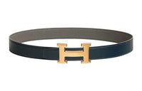 HERMES Elegant Elegance Gold Buckle Togo Calfskin Double-Sided Leather Belt Women's Blue Width 3.2 Cm