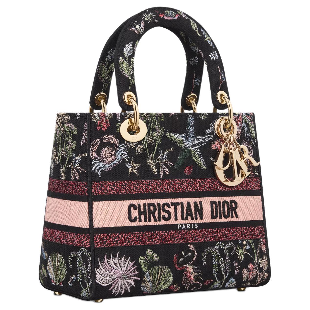 DIOR Lady D-Lite Cotton Tote Bag Shopping Bag Shoulder Bag Crossbody Bag Handbag Medium Size Women's Black & Multicolor