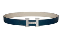 HERMES Letter Silver Buckle Togo Calfskin Double-Sided Leather Belt Women's Blue Width: 3.2cm