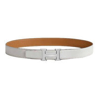 HERMES Metal Calfskin Palladium-Plated Leather Belts Men's Brown/White Width: 3.2CM