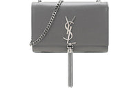 SAINT LAURENT KATE Grain Embossed Leather Fringe Bag Shoulder Bag Small Size Women's Dark Gray