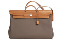 HERMES Herbag Officier Canvas With Hunter Cow Leather Handbag Unisex Elephant Grey/ebony