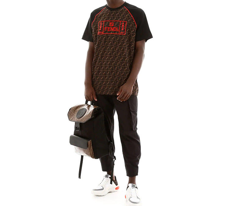 Men's FENDI Roma FF Logo Red Printing Short Sleeve Brown FY0980-A87D-F0BVE