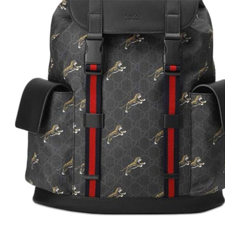 Gucci Tiger Printing Logo Stripe Webbing Canvas Large Capacity schoolbag Backpack Black 495563-G02CX-8675