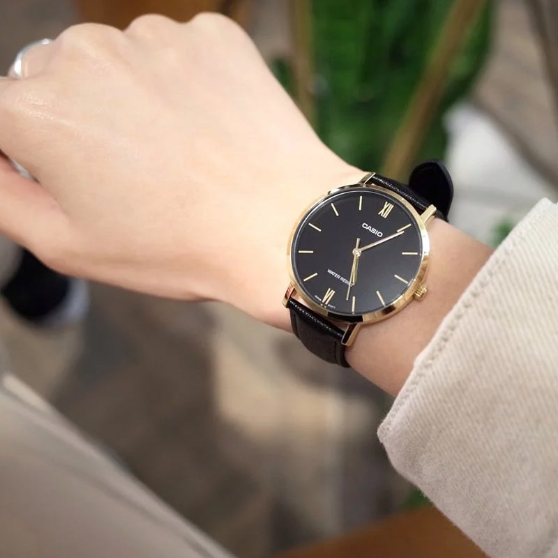 CASIO DRESS Large Gold Black quartz Watch Navy Blue Dark Blue Analog LTP-VT01GL-1B