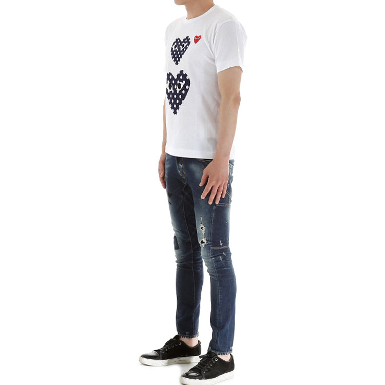 COMME des GARCONS PLAY Blue polka dots Large Small Pattern Short Sleeve White AZT238