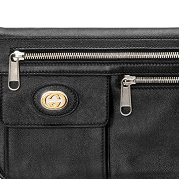 Gucci Metallic Interlock Double G Soft Leather fanny pack Shoulder Messenger Bag Unisex / Black Classic 575837-1GZAX-1000