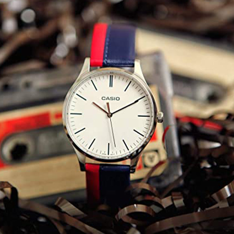 Men's CASIO Dress Series Leather Strap White Dial Pointer Display Quartz Watch Blue Red Analog Mens MTP-E133L-2EEF