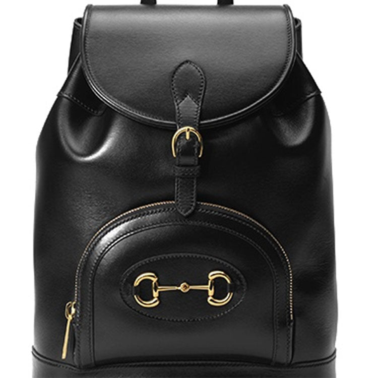 Gucci Horsebit 1955 Retro Gold buckle Leather Large Capacity schoolbag Backpack Unisex / Black Classic 620849-0YK0G-1000