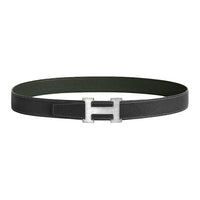 HERMES Metal Calfskin Palladium-Plated Leather Belts Unisex Graphite/Green Width: 3.2CM