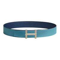HERMES Calfskin Metal Brass Leather Belts Men's Blue Width: 3.8CM