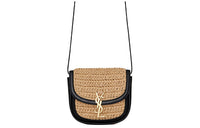 SAINT LAURENT Raffia With Leather Saddle Bag Shoulder Bag Crossbody Bag Small Size Women's Beige & Black