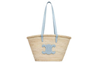 CELINE Triomphe Palm Leaf Studded Leather Trim Basket Bag One Shoulder Handbag Medium Size Women's Light Blue