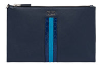 PRADA Leather And Crocodile Leather Clutch Women's Blue