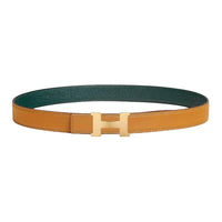 HERMES Calfskin Leather Belts Unisex Sesame Color/Plane Tree Green Width: 2.4cm