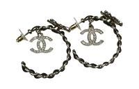 CHANEL Metal Lambskin Artificial Pearl Rhinestone Earrings Women's Black