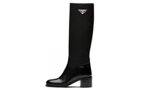 PRADA Black Brushed Leather And Re nylon Knee Boots 'Black' Women's