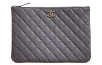 CHANEL Grain Cow Leather Clutch Medium Size Women's Light Gray