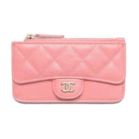 CHANEL Textured Calfskin Card Holder Women's Light Pink Red