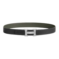 HERMES Calfskin Leather Belts Men's Black Green Width 3.2CM
