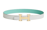 HERMES Logo Elegance Elegant Gold Buckle Epsom Calfskin Double-Sided Leather Belt Women's Blue Width: 3.2cm