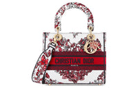 DIOR Lady D-Lite Embroidery Dior Bag Shoulder Bag Crossbody Bag Handbag Medium Size Women's White & Red