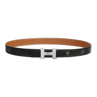 HERMES Metal Palladium-Plated Calfskin Leather Belts Unisex Black/Brown Width 2.4CM
