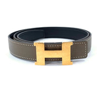 HERMES Calfskin Gold-Plated Metal Leather Belts Women's Gray Width 2.4CM
