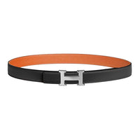 HERMES Calfskin, Metal, Palladium Plated Leather Belts Unisex Black/Orange Width 2.4CM