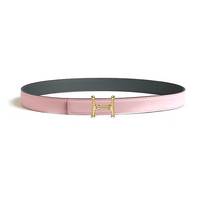 HERMES Calfskin Gold-Plated Leather Belts Women's Pink/Black Width 2.4CM