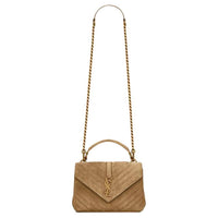 SAINT LAURENT College Suede Crossbody One Shoulder Handbag Medium Size Women's Gold